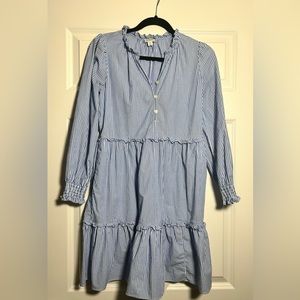 J Crew Factory Blue and White Striped Long Sleeve Dress with Ruffle Trim